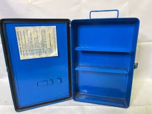 lot 124 image: Vintage Johnson and Johnson Wall Mount First Aid Kit Metal Box
