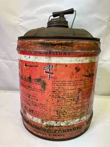 lot 135 image: Vintage Farm-Oyl Five Gallon Oil Can with Awesome Graphics