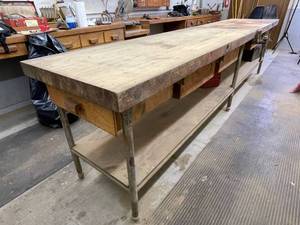 lot 144 image: Large Wooden Work Bench with Two Vises and Five Drawers