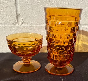 lot 223 image: Indiana Glass Amber Cubed Footed Glassware and Dishes