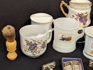 lot 17 image: Assorted Vintage Shaving Mugs and Razors