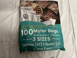 lot 251 image: 100 Mylar Bags - Resealable Ziplock - 30 x Gallon Bags, 30 Quart Bags, 40  12 Pint Bags