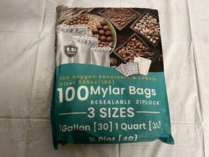 lot 254 image: 100 Mylar Bags - Resealable Ziplock - 30 x Gallon Bags, 30 Quart Bags, 40  12 Pint Bags