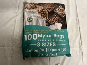 lot 255 image: 100 Mylar Bags - Resealable Ziplock - 30 x Gallon Bags, 30 Quart Bags, 40  12 Pint Bags