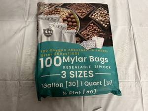 lot 256 image: 100 Mylar Bags - Resealable Ziplock - 30 x Gallon Bags, 30 Quart Bags, 40  12 Pint Bags