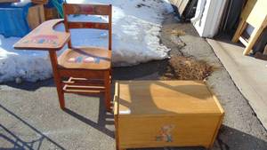 lot 120 image: Vintage School Desk and Vintage Handcrafted Toy Chest