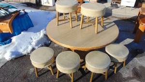 lot 2 image: Vintage MMC Round Rattan Table with 6 Stools
