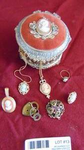 lot 13 image: Camero Lot- Camero Jewelry Box, 3 Camero Necklaces, Ring and Misc