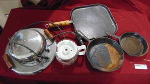 lot 19 image: 2 Cast Iron Fry Pans, Waffle maker, Gridle and Misc