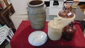lot 76 image: 2 - Vintage Jugs, Helix Bottle, RT Williams Crock (asis) and Misc Lid