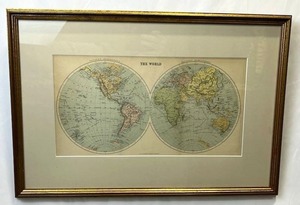 17.5 x 25.5 Framed Vintage W&R Chambers THE WORLD Map in Good Condition