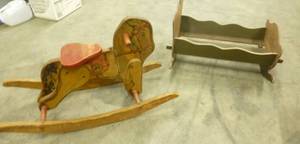 Vintage rocking horse and baby doll bed