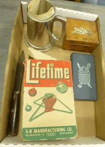 Vintage lot with 1776 Medallions, knife, mug, xmas tree stand like new with box