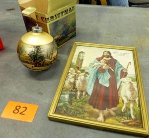 Vintage thermometer advertising Jensvold Implement religious piece in perfect condition and a Currier and Ives ornament