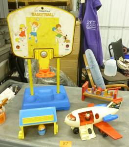 Vintage Fisher Price toys - basketball game, airport, Playskool tool bench