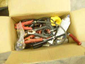 box of garage stuff and gas can