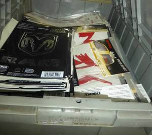 Box full of Redneck and Ram stickers
