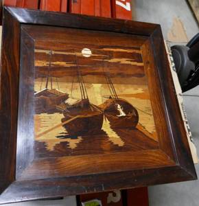 Vintage wood inlay picture of 3 sail boats