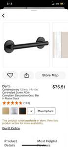 lot 1 image: Delta  Contemporary 12 in x 1-14 in. Concealed Screw ADA-Compliant Decorative Grab Bar in atte Black ($75.51 Retail Value)