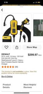 lot 4 image: DEWALT 25 ft. cord, 16 Amp, 120-Volt240-Volt AC 3.84 Kw, Weatherproof Level 2, Heavy-Duty Portable Electric Vehicle Charger ($299 Retail Value)