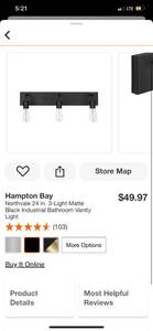 lot 5 image: Hampton Bay Northvale 24 in. 3-Light Matte Black Industrial Bathroom Vanity Light ($49 Retail Value)