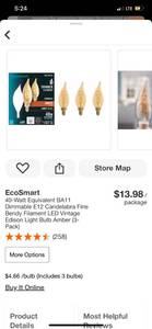 lot 7 image: EcoSmart 40-Watt Equivalent BA11 Dimmable E12 Candelabra Fine Bendy Filament LED Vintage Edison Light Bulb Amber (2-Pack) ($13 Retail Value)