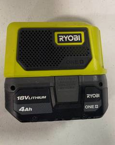 lot 9 image: RYOBI ONE 18V 4.0 Ah Lithium-Ion Battery ($99 Retail Value)  Ryobi Bluetooth Speaker ($29 Retail Value)  ($128 Total Retail Value)