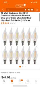 lot 10 image: Feit Electric 40-Watt Equivalent BA10 E12 Candelabra Dimmable Filament CEC Clear Glass Chandelier LED Light Bulb Soft White (12-Pack) ($45 Retail Value)
