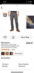 lot 11 image: Milwaukee Mens 34 in. x 30 in. Gray CottonPolyesterSpandex Flex Work Pants with 6 Pockets ($50 Retail Value)
