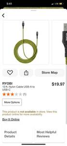 lot 13 image: RYOBI 10 ft. Nylon Cable USB-A to USB-C ($20 Retail Value)