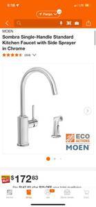 lot 30 image: MOEN 87702 Sombra Single-Handle Standard Kitchen Faucet with Side Sprayer in Chrome ($173 Retail Value)