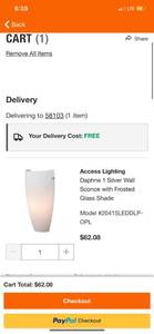 lot 38 image: Access Lighting Daphne 1 Silver Wall Sconce with Frosted Glass Shade (Valve Not Included) (62 Retail Value)