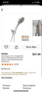 lot 42 image: MOEN Iso 6-Spray 4.5 in. Single Wall Mount Handheld Rain Shower Head in Spot Resist Brushed Nickel Eco ($58 Retail Value)