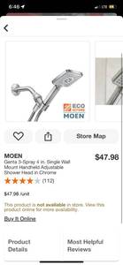 lot 43 image: MOEN Genta 3-Spray 4 in. Single Wall Mount Handheld Adjustable Shower Head in Chrome ($48 Retail Value)