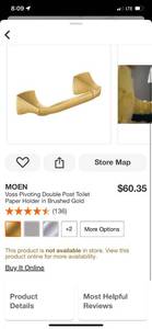 lot 51 image: MOEN Voss Pivoting Double Post Toilet Paper Holder in Brushed Gold ($60 Retail Value)