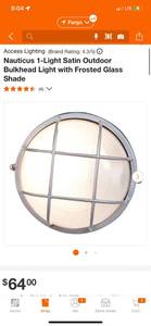 lot 71 image: Access Lighting Nauticus 1-Light Satin Outdoor Bulkhead Light with Frosted Glass Shade  ($64 Retail Value)