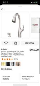 lot 75 image: Pfister Ladera Single-Handle Pull Down Sprayer Kitchen Faucet with Soap Dispenser in Spot Defense Stainless Steel ($169 Retail Value)