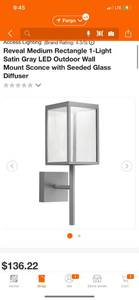 lot 87 image: Access Lighting Reveal Medium Rectangle 1-Light Satin Gray LED Outdoor Wall Mount Sconce with Seeded Glass Diffuser ($136 Retail Value)