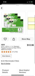 lot 88 image: HDX 20 in. x 20 in. x 1 in. Standard Pleated Furnace Air Filter FPR 5, MERV 8 (3-Pack) ($13 Retail Value)