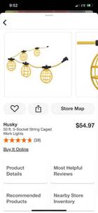 lot 90 image: Husky 50 ft. 5-Socket String Caged Work Lights ($55 Retail Value)