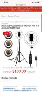 lot 92 image: ERGOPIXEL EP-PC0002 10 IN LED RING LIGHT WITH 81 IN ADJUSTABLE TRIPOD STAND ($100 Retail Value)