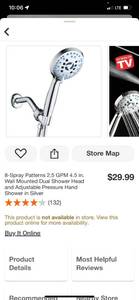 lot 95 image: 8-Spray Patterns 2.5 GPM 4.5 in. Wall Mounted Dual Shower Head and Adjustable Pressure Hand Shower in Silver ($30 Retail Value)