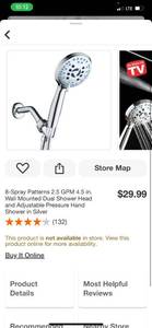 lot 104 image: 8-Spray Patterns 2.5 GPM 4.5 in. Wall Mounted Dual Shower Head and Adjustable Pressure Hand Shower in Silver ($30 Retail Value)