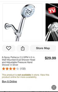 lot 115 image: 8-Spray Patterns 2.5 GPM 4.5 in. Wall Mounted Dual Shower Head and Adjustable Pressure Hand Shower in Silver ($30 Retail Value)