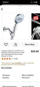 lot 120 image: 8-Spray Patterns 2.5 GPM 4.5 in. Wall Mounted Dual Shower Head and Adjustable Pressure Hand Shower in Silver ($30 Retail Value)