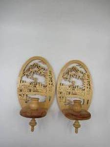 lot 30 image: 2 Wood Cut Out Wall Candle Holders.