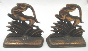 lot 44 image: Antique Vintage 1920s-1930s Pair of Cast Iron Gazelle Book Ends. W. H. Howell
