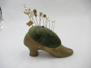 lot 56 image: Charming Vintage Pin Cushion Shoe with Vintage Hat Pins. Granny Core. 