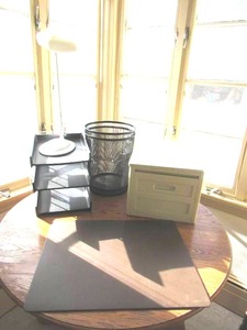 lot 63 image: Misc. lot of Office Supplies 2 Garbage Baskets and more.