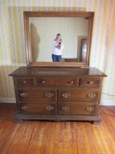 lot 79 image: Vintage Triple Dresser on casters with Mirror. Ethan Allen Classic Manor. Really Nice. 